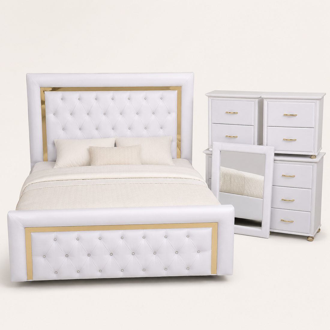 Cama Capitoné Blanca con Mesas de Noche